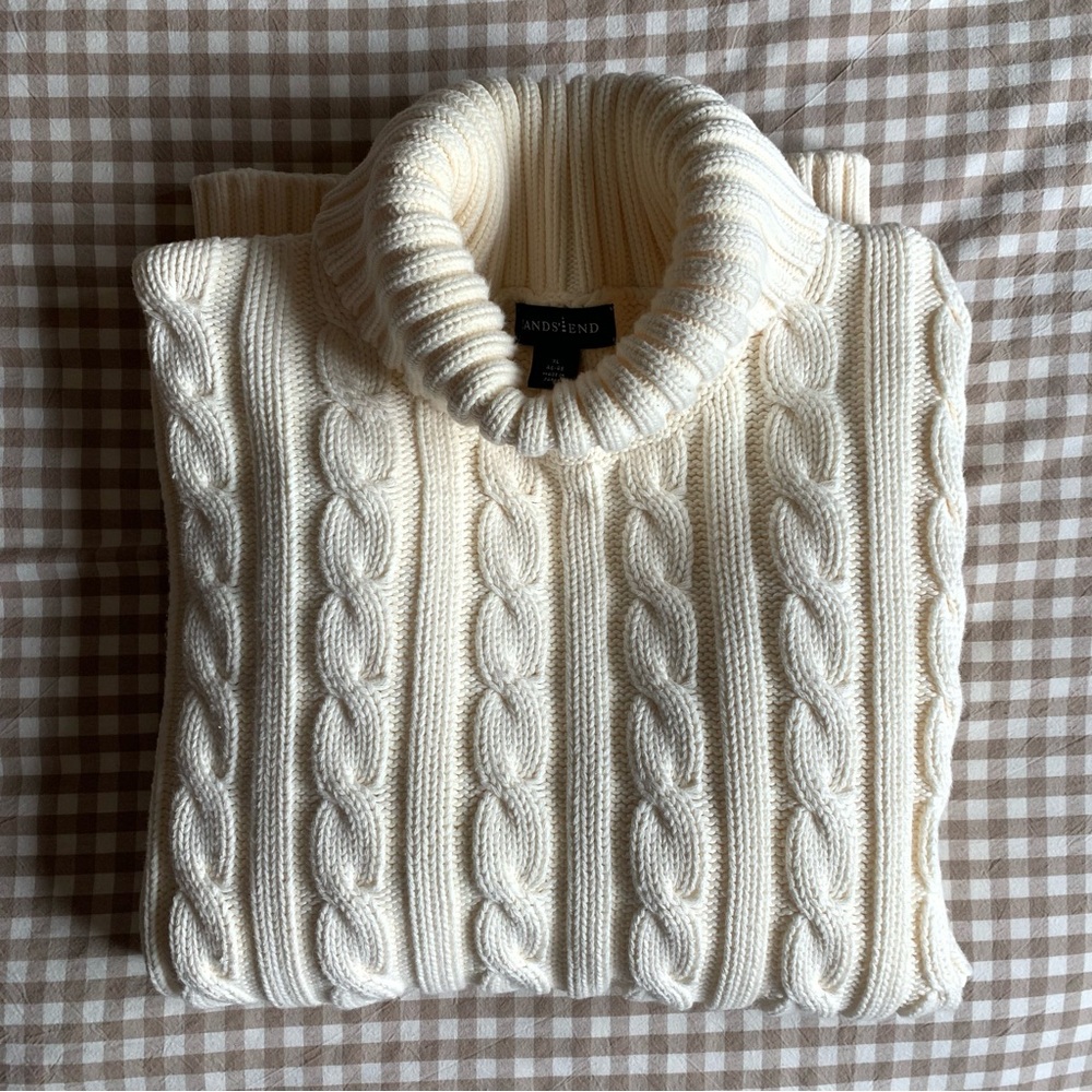 Vintage 90s Lands' End Cream Cotton Cable Knit Turtleneck Sweater Made in Japan - Picture 6 of 6